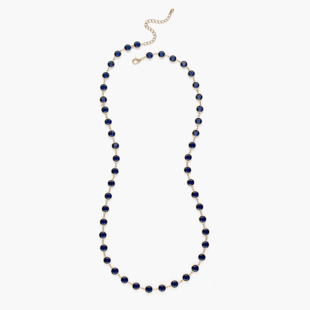 $50 CHICO'S Circle Long Blue Sapphire Swarovski Gemstone Necklace-Matte Gold - Picture 2 of 5